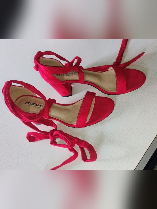 Joy In Love Shoes - Red Tie-Ankle Block Heel Sandals